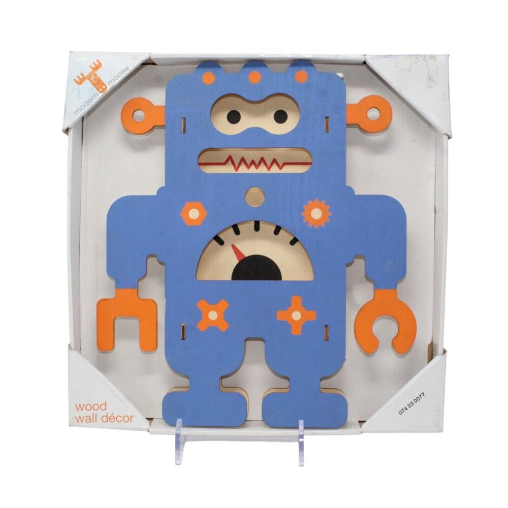 Modern Moose Blue Orange 11" Wooden Robot Sci Fi Space Wall Decoration Unisex - Picture 3 of 3